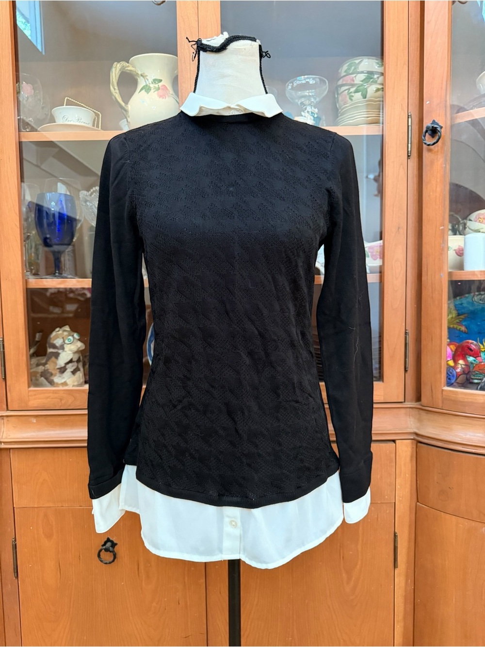 WHBM black sweater with white shirt tail